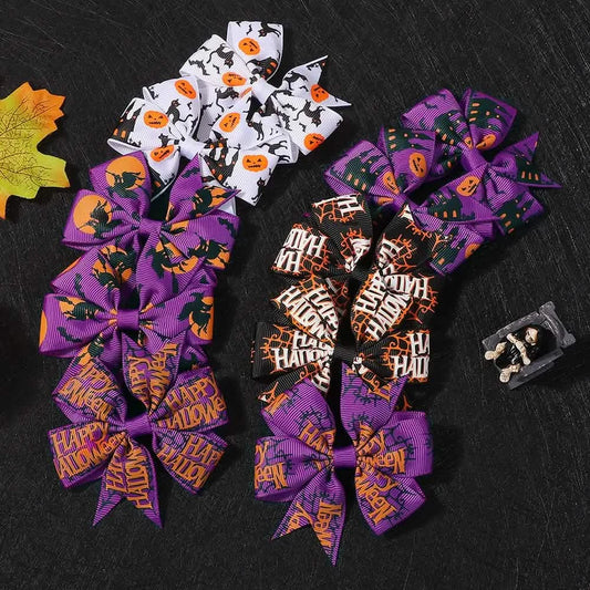 Halloween Kids Hair Bows Set – Pumpkin, Cat & Witch (6)