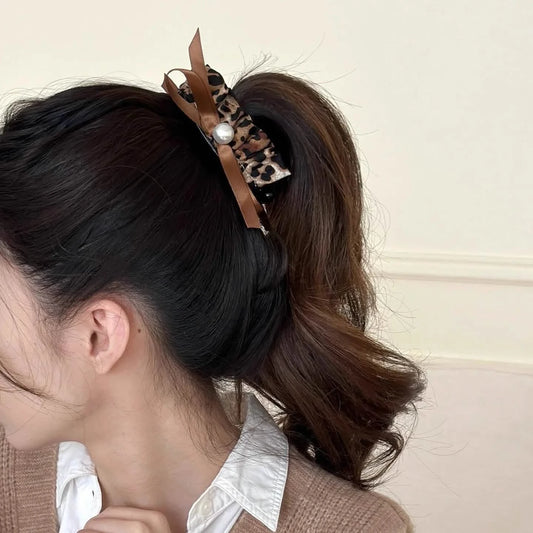 Leopard Bow Pearl Banana Hair Clip – Vintage Chic