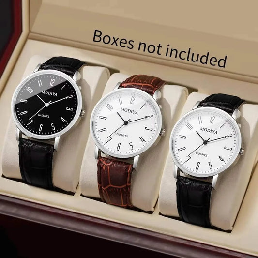 Men's Arabic Dial Quartz Watch Set (3-Pack) with Leather Straps