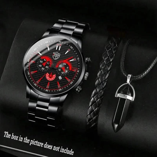 Men's Quartz Watch & Necklace 3-Piece Set