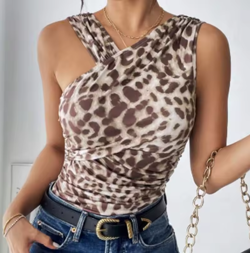 HXAO Women's Leopard Mesh Bodysuit – Asymmetrical Sleeveless Backless Thong One-Piece