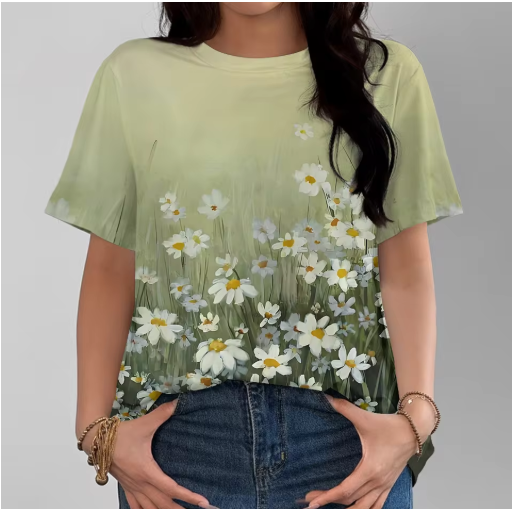 Green Daisy Grass Print T-Shirt – Nature-Inspired Casual Tee for Women