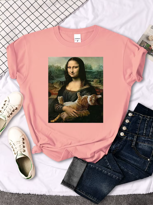 Funny Mona Lisa Cat T-Shirt – Cute & Casual Oversized Tee for Women