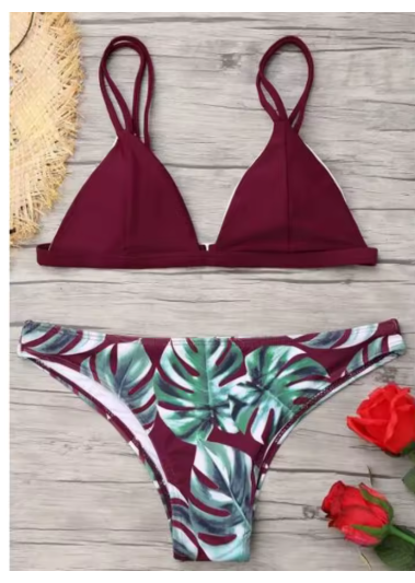 Leaf Print Bikini Set – Padded Push-Up Swimwear for Women