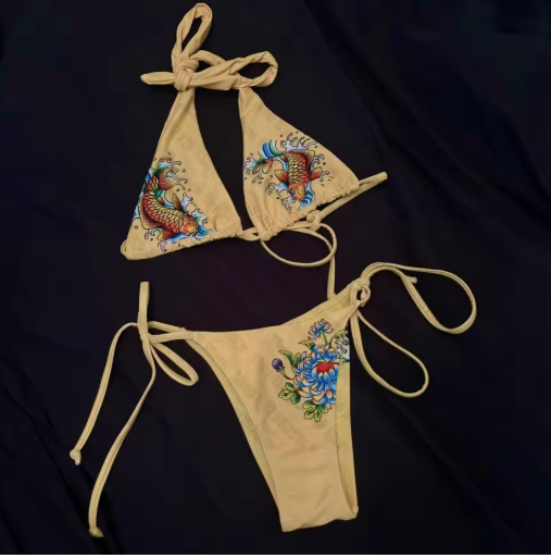 Letter Print Bikini Set – Push-Up Thong Two-Piece Swimwear