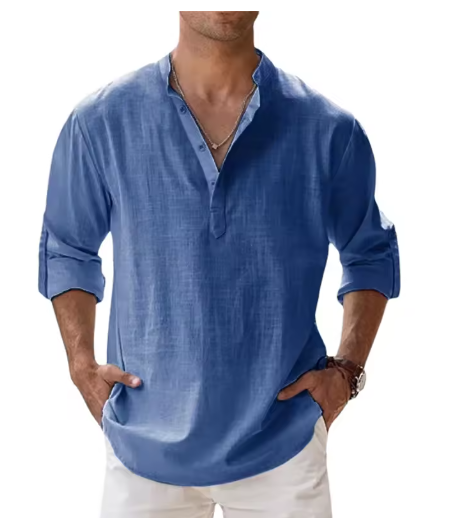 Men’s Cotton Linen Henley Shirt – Lightweight Long Sleeve Casual Beachwear