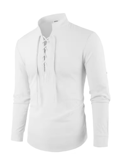 Men's Vintage V-Neck Pirate Viking Shirt – Medieval Cotton Linen Long Sleeve Top, Lightweight & Breathable