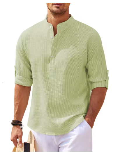 Men’s Cotton-Linen Long Sleeve Shirt – Casual Stand Collar, Spring & Autumn Style