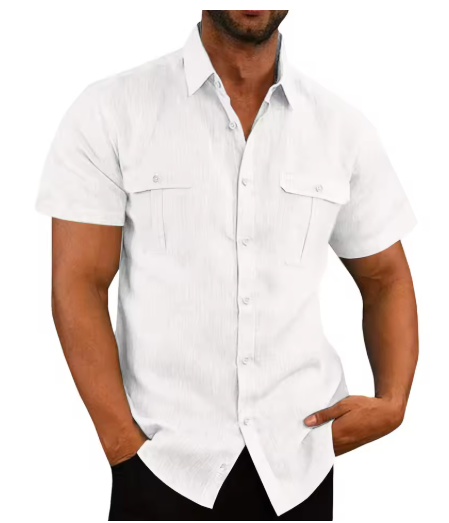 Men’s Cotton-Linen Short Sleeve Shirt – Casual Stand Collar, Summer Style