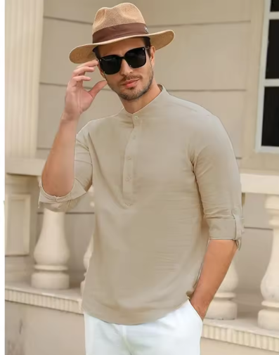 Men’s Solid Color Cotton Linen Shirt – Soft Long Sleeve Casual Top with Henry Collar