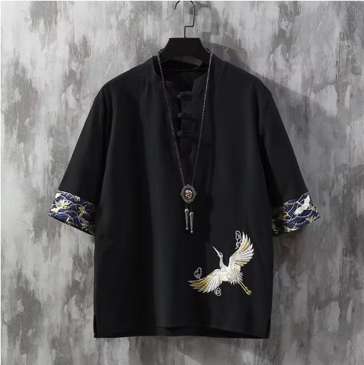 Men’s Chinese-Style Embroidered T-Shirt – Cotton Linen Tang Suit with Half Sleeves