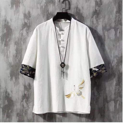 Men’s Chinese-Style Embroidered T-Shirt – Cotton Linen Tang Suit with Half Sleeves Men’s Chinese-Style Embroidered T-Shirt – Cotton Linen Tang Suit with Half Sleeves