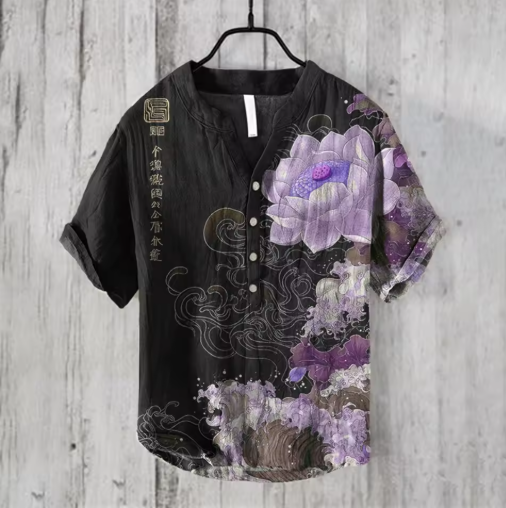 Men’s Linen Short Sleeve Shirt – Casual Loose Fit, Chinese V-Neck Style