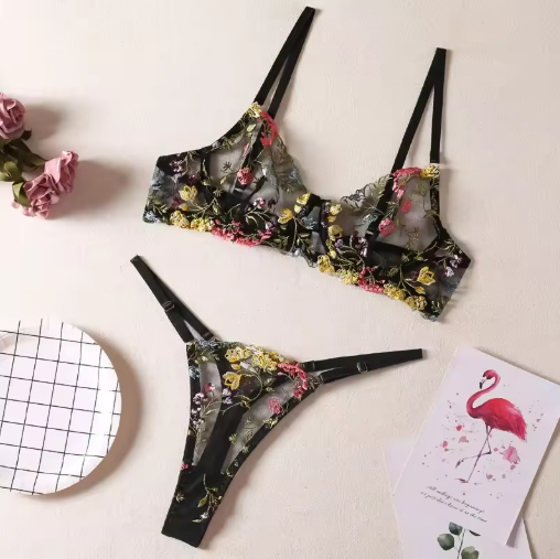 Floral Embroidered Sheer Lingerie Set – Boho Style Bra & Panty