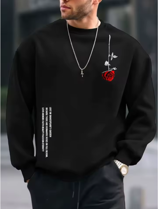 Men’s Autumn/Winter Fleece Sweatshirt with Rose Pattern – Casual Loose Fit