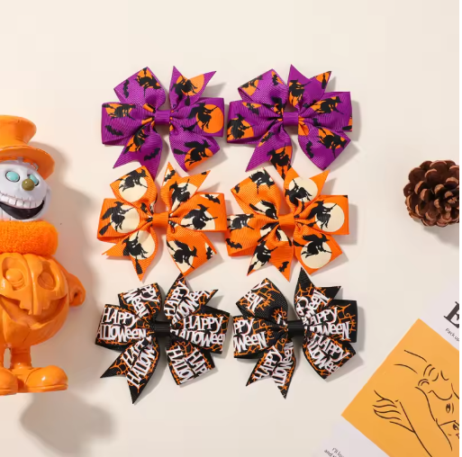 Halloween Kids Hair Bows Set – Pumpkin, Cat & Witch (6)