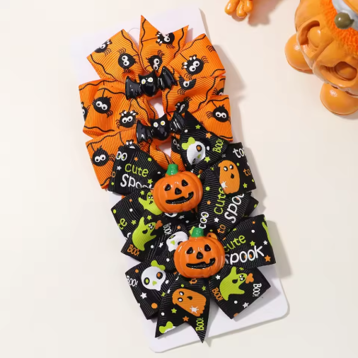 Halloween Pumpkin Bow Hair Clips for Kids, 4-Pack