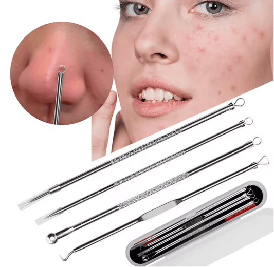 🔪 مجموعة إبر حب الشباب - 4 قطع من أداة مزدوجة الطرف من الفولاذ المقاوم للصدأ لإزالة الرؤوس السوداء والبقع