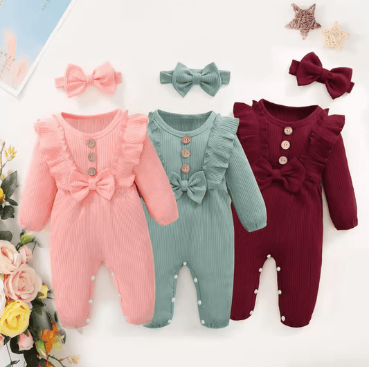 Baby Girl Romper Set – Long Sleeve Ruffle Bodysuit with Matching Headband – Autumn & Winter Outfit for Newborns and Toddlers (0–18 Months)