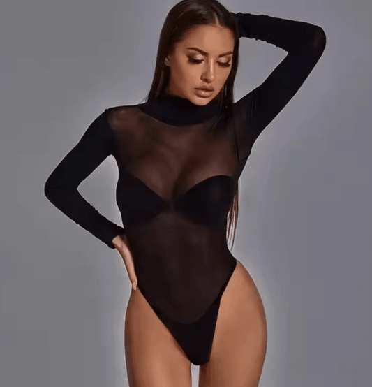 Black Turtleneck Long Sleeve Hollow Out Bodysuit – Sexy See-Through Romper for Women