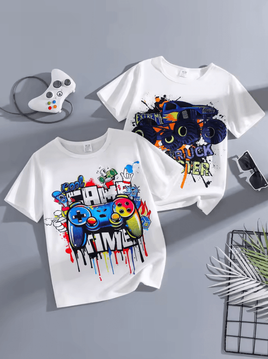 Boys’ 2-Piece Autumn Outfit – White Graffiti Print Knitted T-Shirt + Matching Pants – Trendy Lightweight Set for Kids