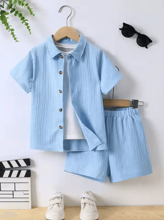 Boys’ Summer 2-Piece Outfit – Blue Wave Print Short Sleeve Shirt + Matching Shorts – Casual Lightweight Set for Kids