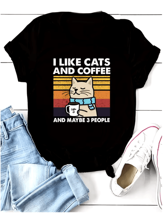 Cat & Coffee Print T-Shirt – Women’s Casual Short Sleeve Crew Neck Tee