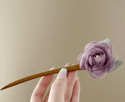 Chinese Style Elegant Wood Hair Stick – Purple Rose Flower Hairpin for Women & Girls