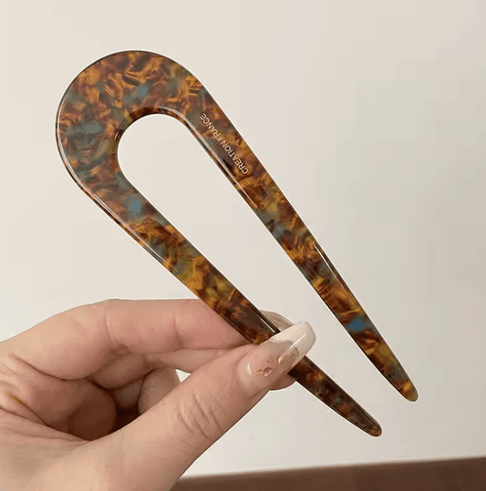 Fashion Marble Print U-Shaped Hair Fork – Acetate Geometric Hair Clip for Bun Maker