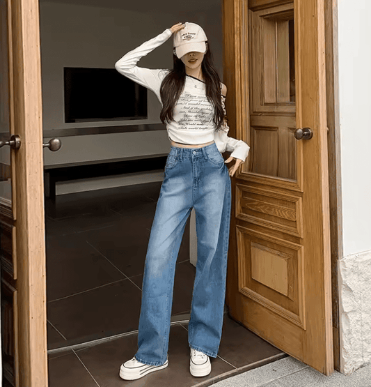 Floor-Length Wide-Leg Jeans – Loose Straight Fit with Hollow-Out Design
