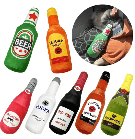Funny Plush Dog Toy – Beer Bottle Shaped Squeaky Chew Toy for Small & Large Dogs | Teeth Cleaning & Interactive Play