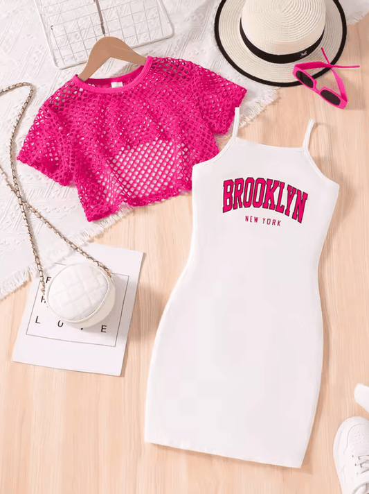 Girls’ Summer 2-Piece Fashion Dress Set – White Letter Print Suspender Dress + Mesh Short Sleeve Top – Trendy Outfit for Kids & Teens