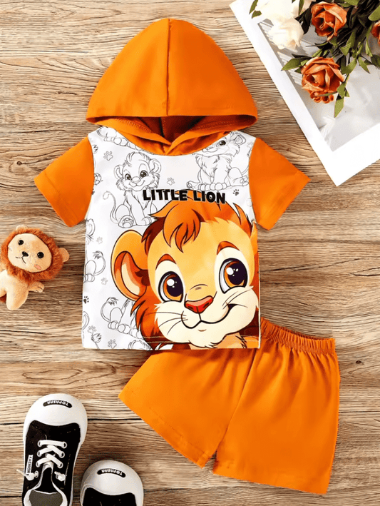 Infant Summer Outfit – Hooded Cartoon Animal Printed Short Sleeve Top + Solid Color Shorts Set for Boys & Girls (1-Year-Old)