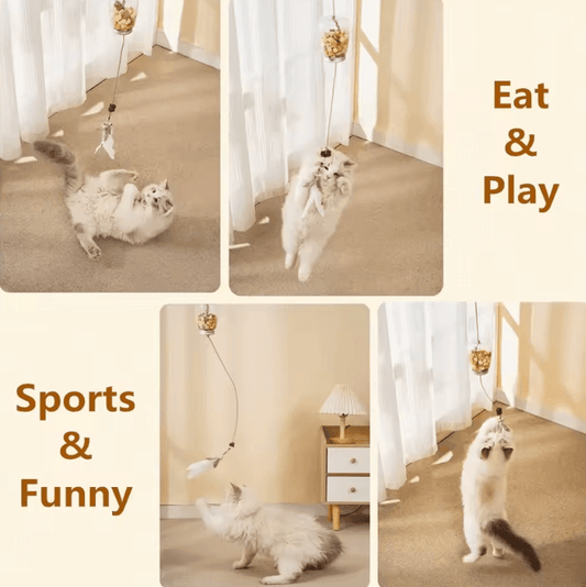 Interactive Cat Toy – Leak Food Feather Toy with Bell & Scratch Rope | Food Feeder Dispenser & Catnip Toy for Kittens