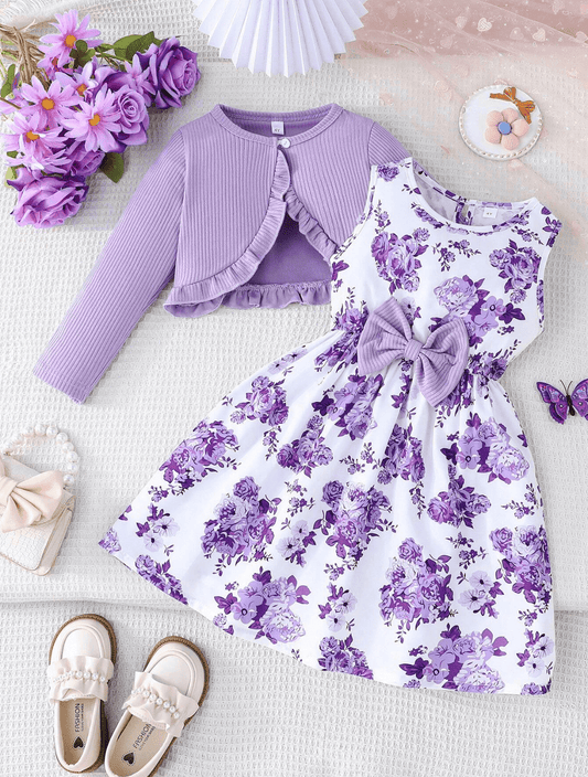 Little Girls Princess Outfit – 2PCS Long Sleeve Cardigan + Floral Bow A-Line Sundress – Elegant Dress Set for Toddlers & Kids (3–8 Years)