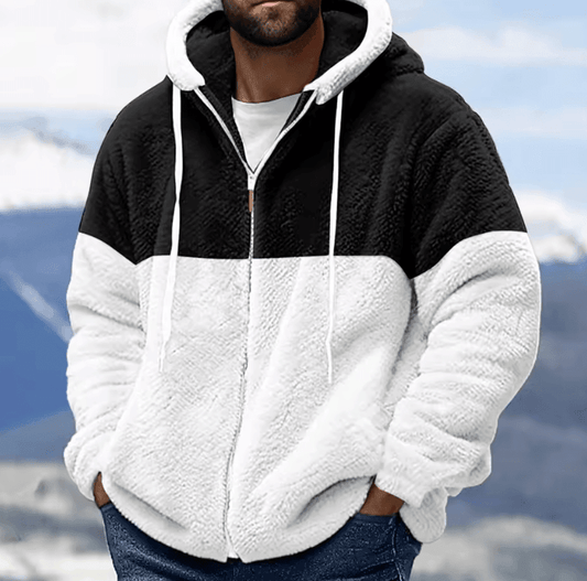 Men’s Plush Hoodie – Lightweight Zip-Up Sweatshirt | Contrast Color Long Sleeve for Autumn & Winter Streetwear
