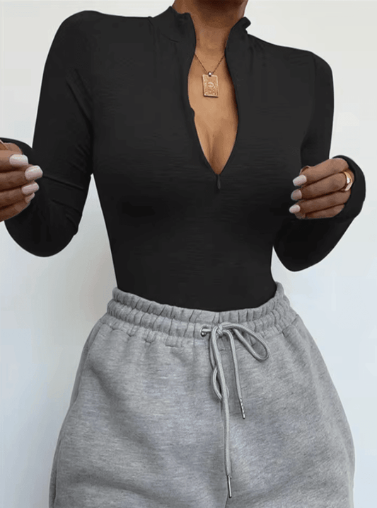 Solid Zipper Bodycon Bodysuit – Sexy Mock Neck Long Sleeve for Women