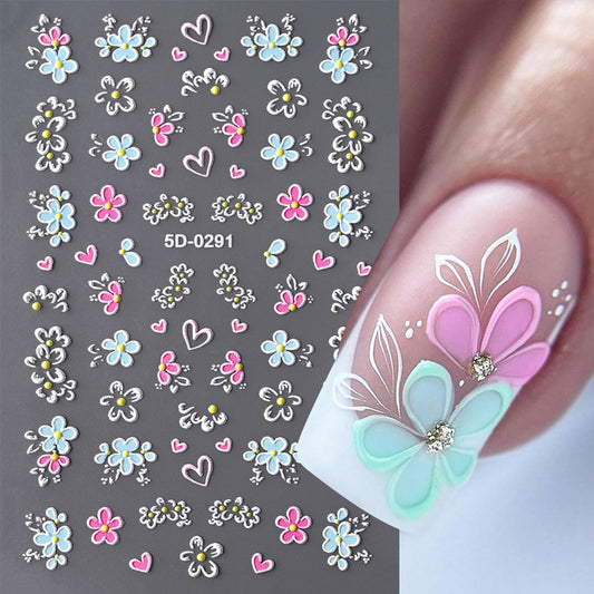 2Pcs 5D Embossed Colorful Flower Nail Stickers