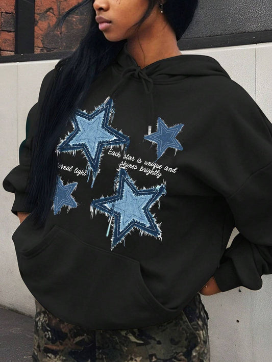 Retro Blue Star Printed Women's Casual Hoodie
