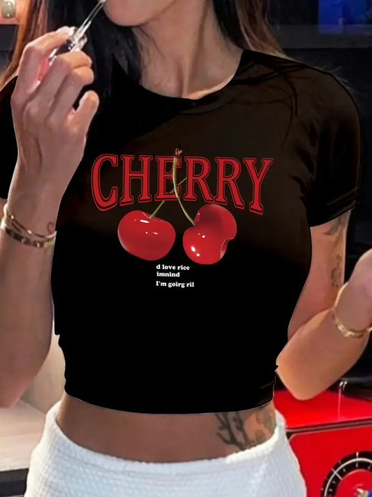 Cherry Print Crop Top for Women - Y2K Style