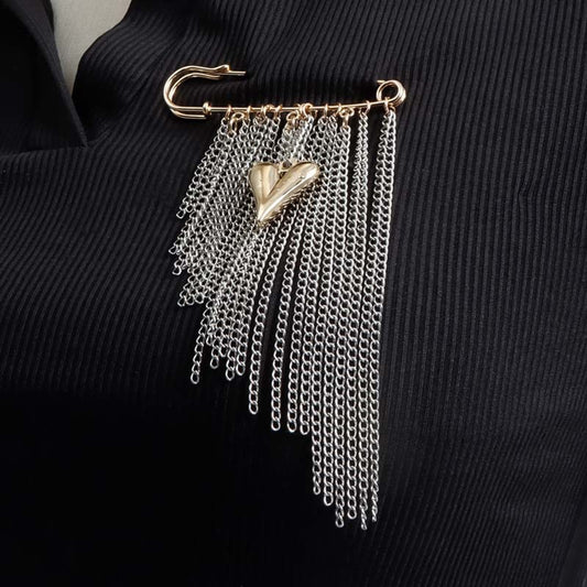 Fashion Metal Heart Tassel Brooch with Pearl and Star Details