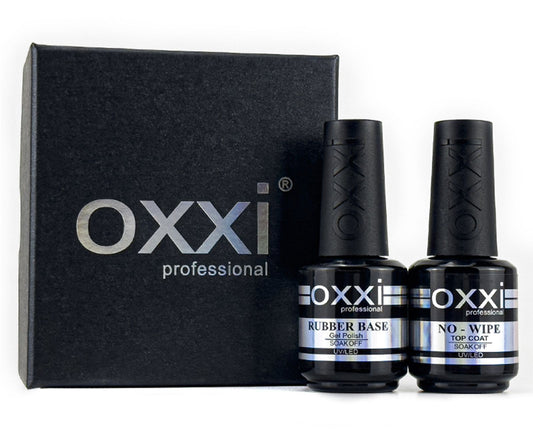 OXXI Rubber Base Coat UV Gel 15ml - No Wipe Top Coat Set