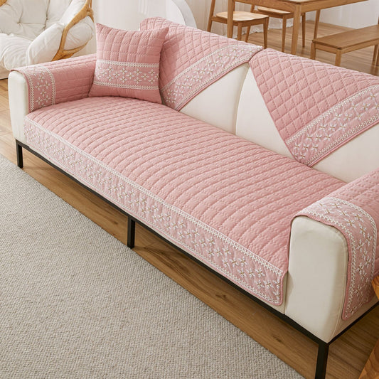 Waffle Quilting Anti-Slip Sofa Cover with Snowflake Lace Decor