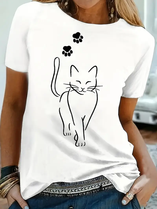 Whimsical Cat Print T-Shirt for Women