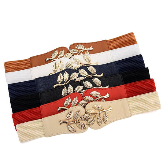 Women's Gold Leaf Elastic Wide Belt with Double Hook Closure