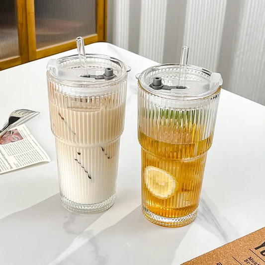 Large Capacity Stripe Glass Coffee Cup with Lid and Straw