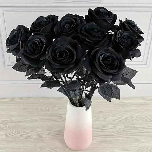Artificial Black Roses - Long Stem Fake Flowers for Decor