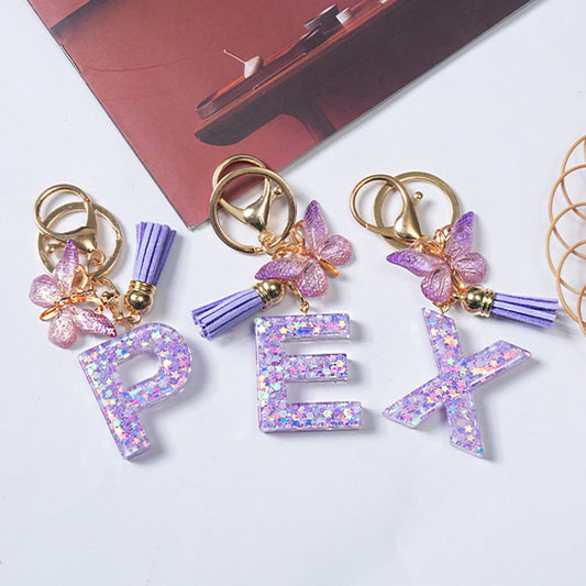 A-Z Sequins Initial Letter Keychain with Purple Butterfly Tassel