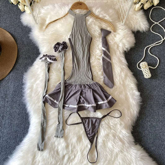 Gray Sexy Hollow Mesh Halter Mini Dress with Stockings
