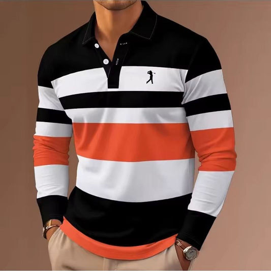 Men's Long Sleeve Stripes Rugby Polo Shirt